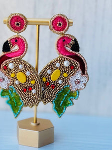 Pink Flamingo with Green Leaf Beaded Statement Earrings Bird