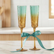 Gold and Teal Hammered Champagne Flute Glasses, 2 Set