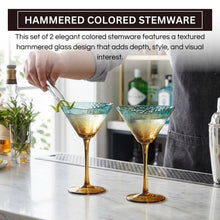 Gold and Teal Hammered Martini Glasses, 2 Set, 7.5oz Stemmed