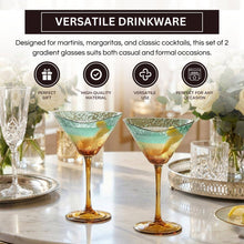 Gold and Teal Hammered Martini Glasses, 2 Set, 7.5oz Stemmed