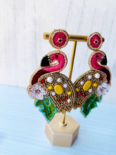 Pink Flamingo with Green Leaf Beaded Statement Earrings Bird