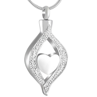 Crystal Teardrop With Heart Cremation Urn Necklace With Rhinestones: Silver