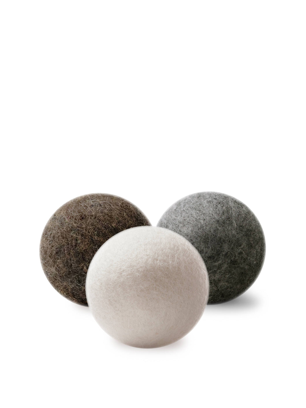 Wool Dryer Balls - Wht, Gry, Brn set of 3 in laundry bag.